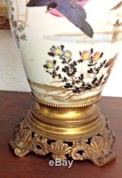 Antique Pair Kutani Porcelain & Glass Oil Lamps w Hand-Painted Birds