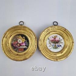 Antique Pair Porcelain Plaques Hand Painted Floral Decoration Gilt Plaster Frame