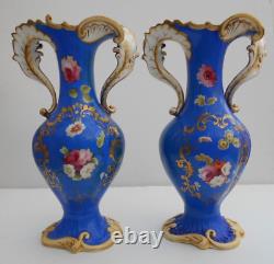 Antique Pair Porcelain Samuel Alcock Vase Hand Painted Flowers Blue Ground