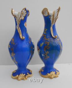 Antique Pair Porcelain Samuel Alcock Vase Hand Painted Flowers Blue Ground