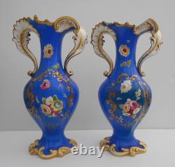 Antique Pair Porcelain Samuel Alcock Vase Hand Painted Flowers Blue Ground