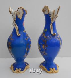 Antique Pair Porcelain Samuel Alcock Vase Hand Painted Flowers Blue Ground