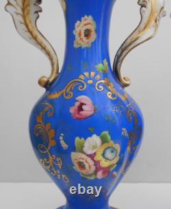 Antique Pair Porcelain Samuel Alcock Vase Hand Painted Flowers Blue Ground