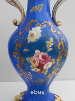 Antique Pair Porcelain Samuel Alcock Vase Hand Painted Flowers Blue Ground