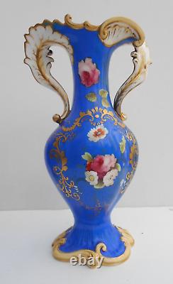 Antique Pair Porcelain Samuel Alcock Vase Hand Painted Flowers Blue Ground