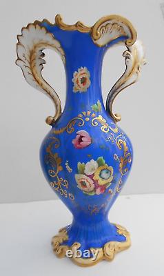 Antique Pair Porcelain Samuel Alcock Vase Hand Painted Flowers Blue Ground