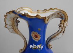 Antique Pair Porcelain Samuel Alcock Vase Hand Painted Flowers Blue Ground