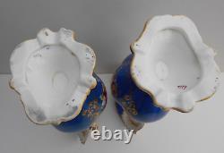 Antique Pair Porcelain Samuel Alcock Vase Hand Painted Flowers Blue Ground