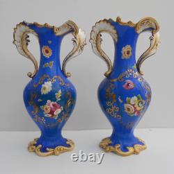 Antique Pair Porcelain Samuel Alcock Vase Hand Painted Flowers Blue Ground