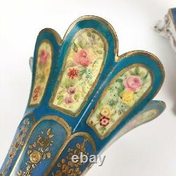 Antique Pair SEVRES Style Cornucopia Ram Head Hand Painted Porcelain Vases c19th