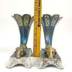 Antique Pair SEVRES Style Cornucopia Ram Head Hand Painted Porcelain Vases c19th