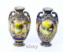 Antique Pair Taisho Period Noritake Hand Painted Porcelain Vases C1920