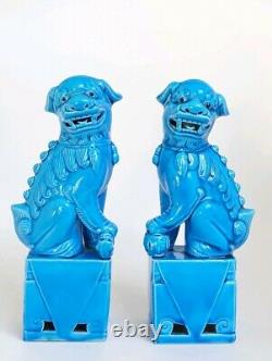 Antique Pair of 21cm Turquoise Blue Porcelain Chinese Foo Dogs