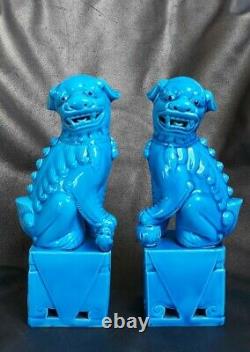 Antique Pair of 21cm Turquoise Blue Porcelain Chinese Foo Dogs