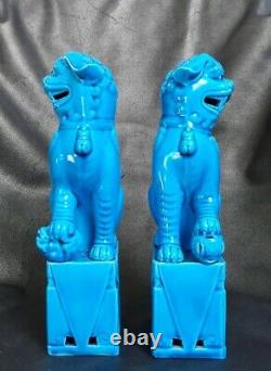 Antique Pair of 21cm Turquoise Blue Porcelain Chinese Foo Dogs