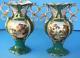 Antique Pair Of British Porcelain Green Hand Painted Vases