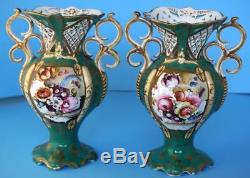 Antique Pair of British Porcelain Green Hand Painted Vases