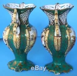 Antique Pair of British Porcelain Green Hand Painted Vases