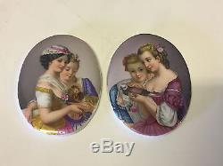 Antique Pair of European Hand Painted Oval Porcelain Plaques Girls with Birds