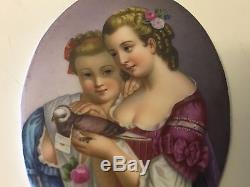 Antique Pair of European Hand Painted Oval Porcelain Plaques Girls with Birds