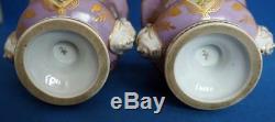 Antique Pair of Mauve Hand Painted Porcelain Vases With Mask Handles