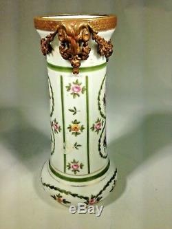 Antique Pair of Versailles Hand Painted Porcelain & Ram Heads Dore Bronze Vases