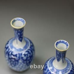 Antique Pair of miniature Chinese blue and white bottle vases, Kangxi 1662-1722