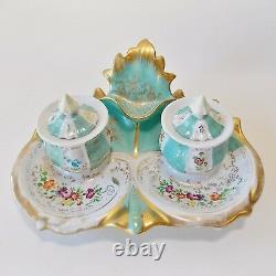 Antique Paris Porcelain Style Turquoise Double Inkwell Hand Painted Flowers