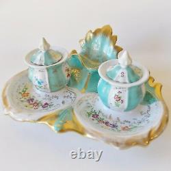 Antique Paris Porcelain Style Turquoise Double Inkwell Hand Painted Flowers