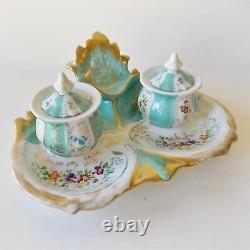 Antique Paris Porcelain Style Turquoise Double Inkwell Hand Painted Flowers