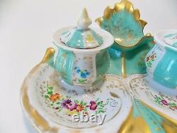 Antique Paris Porcelain Style Turquoise Double Inkwell Hand Painted Flowers