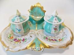 Antique Paris Porcelain Style Turquoise Double Inkwell Hand Painted Flowers