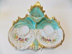 Antique Paris Porcelain Style Turquoise Double Inkwell Hand Painted Flowers