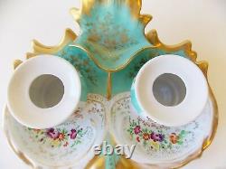 Antique Paris Porcelain Style Turquoise Double Inkwell Hand Painted Flowers