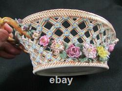 Antique Pierced Flower Encrusted Hand Painted French Oval Basket c. 1880-1900