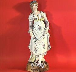 Antique Porcelain Bisque Woman Figurine Hand Painted Large 14 3/4 Colonial