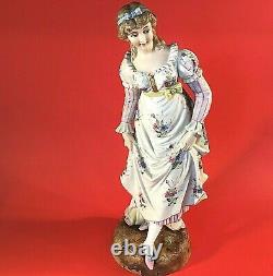 Antique Porcelain Bisque Woman Figurine Hand Painted Large 14 3/4 Colonial