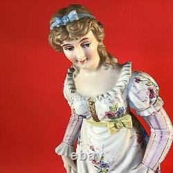 Antique Porcelain Bisque Woman Figurine Hand Painted Large 14 3/4 Colonial