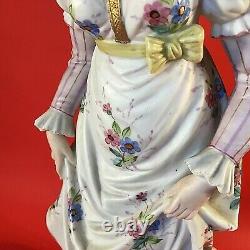 Antique Porcelain Bisque Woman Figurine Hand Painted Large 14 3/4 Colonial