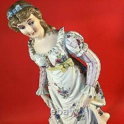 Antique Porcelain Bisque Woman Figurine Hand Painted Large 14 3/4 Colonial