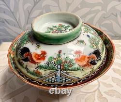 Antique Porcelain China Chinese RICE BOWL COVER Cockerels Rooster Exquisite A/F