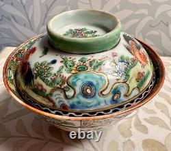 Antique Porcelain China Chinese RICE BOWL COVER Cockerels Rooster Exquisite A/F