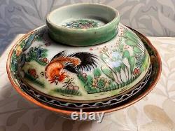 Antique Porcelain China Chinese RICE BOWL COVER Cockerels Rooster Exquisite A/F