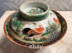 Antique Porcelain China Chinese RICE BOWL COVER Cockerels Rooster Exquisite A/F