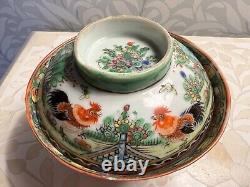 Antique Porcelain China Chinese RICE BOWL COVER Cockerels Rooster Exquisite A/F