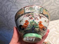 Antique Porcelain China Chinese RICE BOWL COVER Cockerels Rooster Exquisite A/F