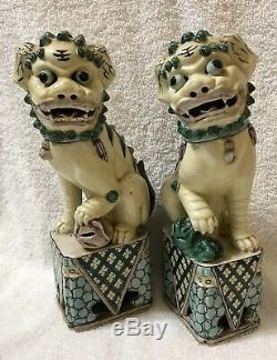 Antique Porcelain Chinese Foo Dog Fu Lion Statue Pair Guardians Handmade 19th C