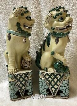 Antique Porcelain Chinese Foo Dog Fu Lion Statue Pair Guardians Handmade 19th C