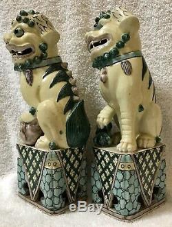 Antique Porcelain Chinese Foo Dog Fu Lion Statue Pair Guardians Handmade 19th C
