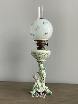 Antique Porcelain Figural P & A Mfg Co Oil Lamp Dresden Style Painted Globe GWTW